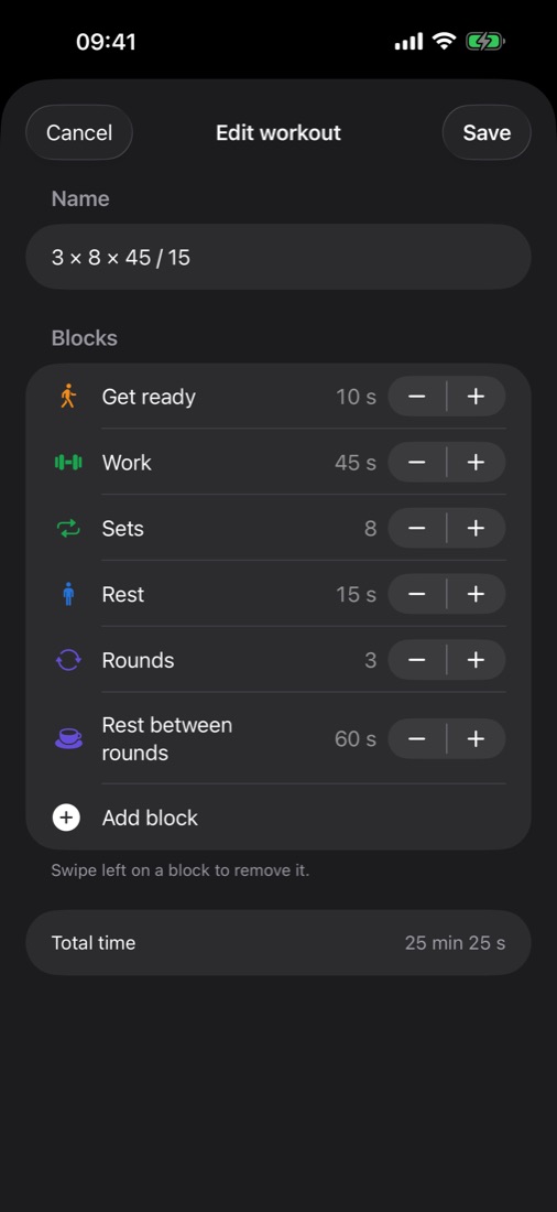 The block editor with get ready, work, sets, rest and rounds