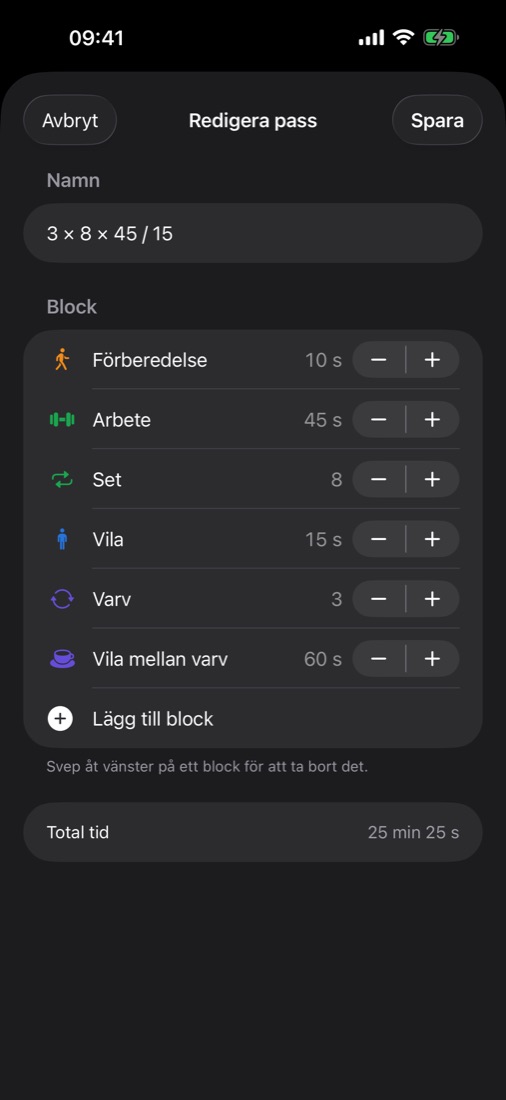 Blockredigeraren med förberedelse, arbete, set, vila och varv